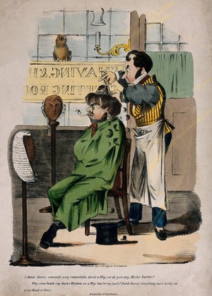 view An uncouth man smoking a pipe while having his hair cut, asks the barber for his opinion on wigs and natural hair. Coloured lithograph.