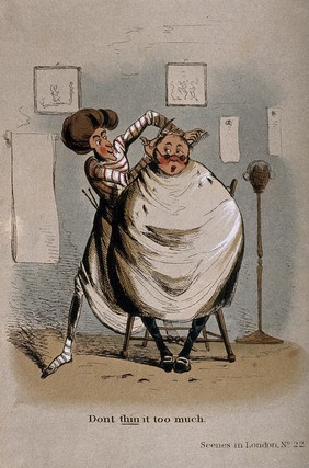 A barber cutting the hair of a man who is largely bald. Coloured etching.