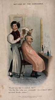 A barber brushing the hair of a man who has very little hair. Colour lithograph after H. Heath.