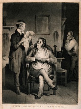 A barber reading political news from a newspaper to his client; in the background another man listens too. Mezzotint after T. Clater (?).