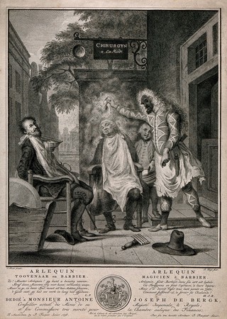 Harlequin, magician and barber: the deceived rivals. Engraving by P. Tanjé, 1758, after C. Troost, 1738.