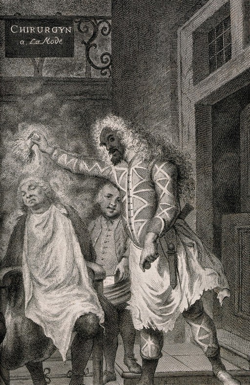 Harlequin, magician and barber: the deceived rivals. Engraving by P. Tanjé, 1758, after C. Troost, 1738.