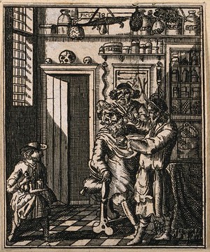 view A barber-surgeon's shop in which a man's hair is being cut. Etching, 16--.