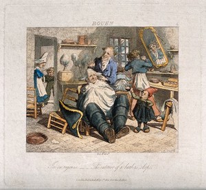 view A barber in Rouen dressing a man's hair. Coloured engraving by G.R. Lewis after himself.