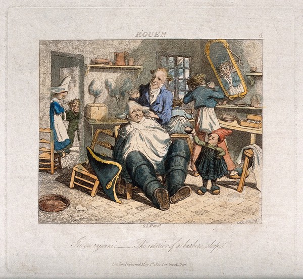 A barber in Rouen dressing a man's hair. Coloured engraving by G.R. Lewis after himself.