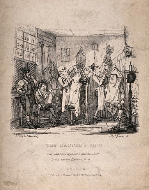 A barber shaving a man. Etching by Thomas Jones after himself.
