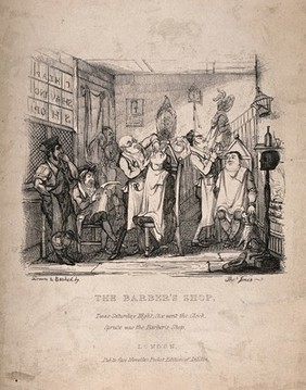 Labourers being shaved in a barber's shop on a Saturday evening. Etching by Thomas Jones after himself after C. Dibdin.