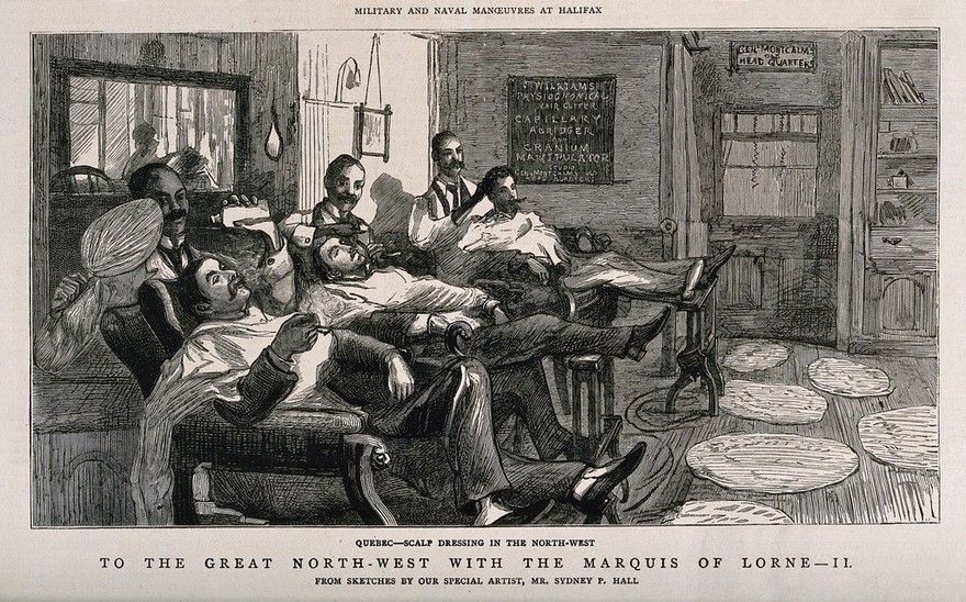 Three officers having their hair dressed by three barbers in Quebec. Wood engraving after S. P. Hall.