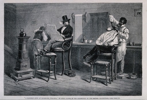 A barber dressing a man's hair in a barber's shop at Richmond, Virginia; another man reads the 'The New York Herald' while he awaits his turn. Wood engraving after E. Crowe.