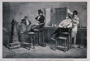 view A barber dressing a man's hair in a barber's shop at Richmond, Virginia; another man reads 'The New York Herald' while he awaits his turn. Wood engraving after E. Crowe.