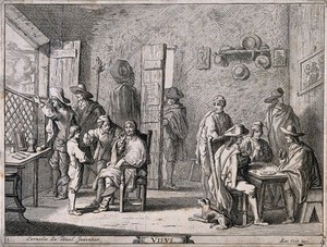 view A barber's shop in which men demonstrate the sense of sight. Etching by W. Peeters after C. de Wael.