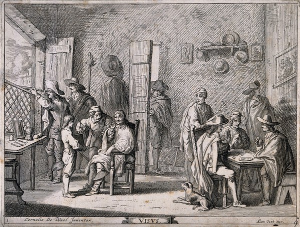 A barber's shop in which men demonstrate the sense of sight. Etching by W. Peeters after C. de Wael.