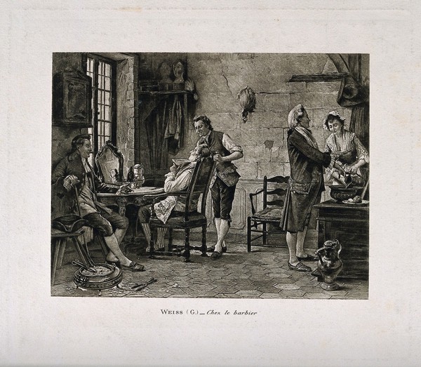 A barber shaving a man in his shop. Photogravure after G. Weiss, 1895.