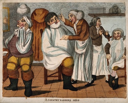 A country barber shaving a farmer; another farmer looks into a mirror while he stanches the cut on his face; right, a second barber dresses a man's hair. Coloured engraving.