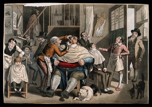 view A barber cuts a man's face while shaving him; a second barber cuts a cross-eyed boy's hair; a third lathers the face of another man. Coloured aquatint by G. Hunt after T. Lane.