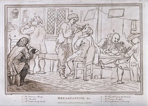 view William Hogarth making a drawing of his companions and himself as they shave and take their breakfast. Etching by Richard Livesay, 1781, after William Hogarth, 1732.