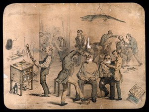 view A surgery and barbershop. Coloured lithograph attributed to C. Mohr.