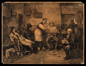 view A barber shaving a man in his shop in 1825. Wood engraving after F. Barnard, 1875.