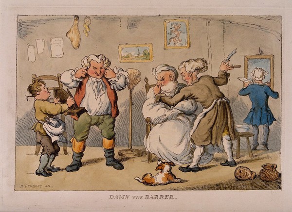 A barber shaving a disgruntled man. Coloured etching after H.W. Bunbury.