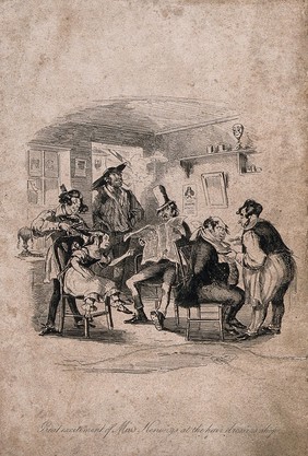 A London hair-dresser's shop: a barber shaves a man; a young woman who is having her hair cut recognizes another customer; and a man who rents the upper part reads the Sunday newspaper. Etching by Phiz (Hablot K. Browne).