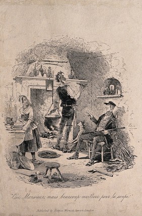 A hunter standing in front of a fire shaves himself using the soup as shaving water (?). Etching by Hablot K. Browne (Phiz).