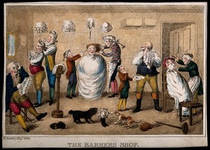 view A barber's shop. Coloured etching after W.H. Bunbury.