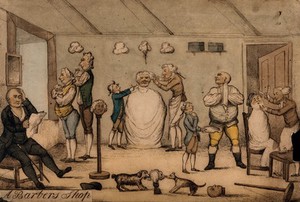 view A barber's shop. Coloured etching after H.W. Bunbury.