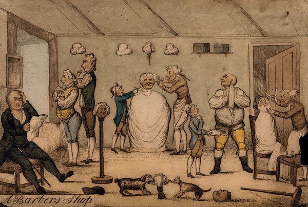 A barber's shop. Coloured etching after H.W. Bunbury.