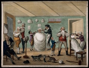 view A barber's shop. Coloured etching by C. Knight after H.W. Bunbury.