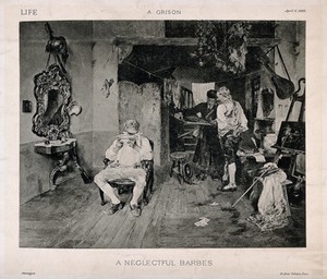 view A barber who is also an artist neglects a seated customer whom he was shaving, in order to discuss one of his paintings with a potential purchaser. Photogravure, 1882, after F.A. Grison.