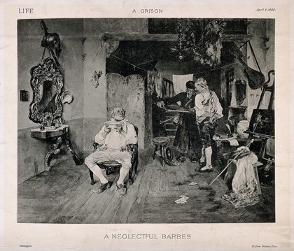 A barber who is also an artist neglects a seated customer whom he was shaving, in order to discuss one of his paintings with a potential purchaser. Photogravure, 1882, after F.A. Grison.
