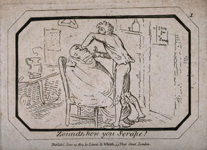 view A barber shaving a man in his shop. Etching, 1804.