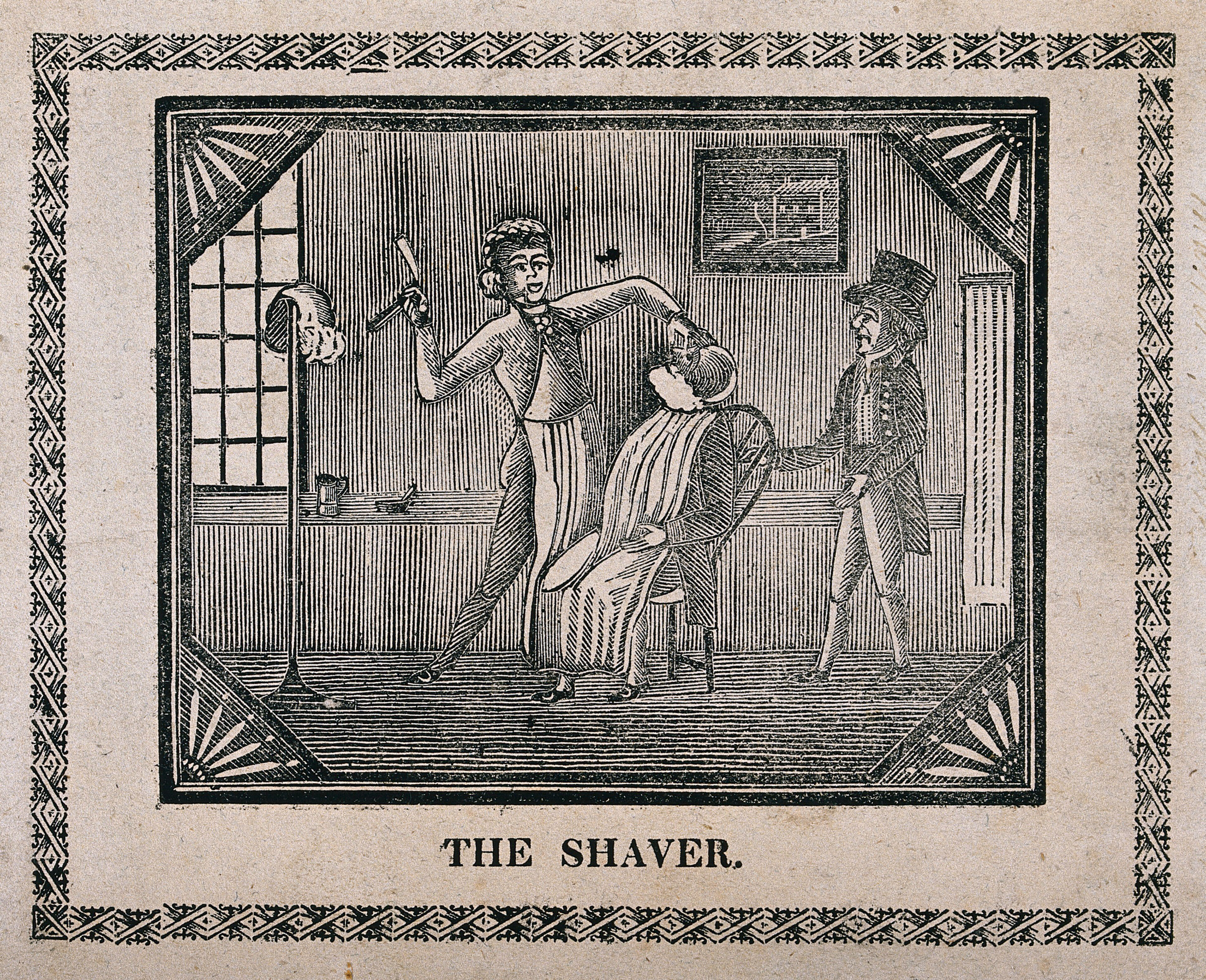 A barber shaving a man in his shop; another man looks on. Woodcut.