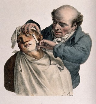 A barber shaving a man who looks fearful. Lithograph by L. Boilly, 1823.