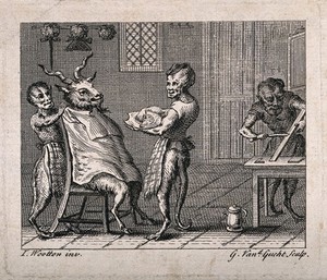 view Half-human, half-monkey barbers shaving a goat. Etching by G. van der Gucht after J. Wootton.