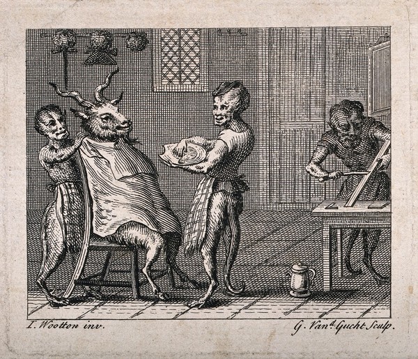 Half-human, half-monkey barbers shaving a goat. Etching by G. van der Gucht after J. Wootton.