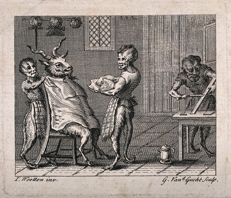 Half-human, half-monkey barbers shaving a goat. Etching by G. van der Gucht after J. Wootton., 1700-1799, by John Wootton