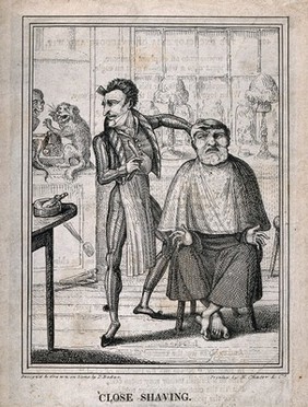 A barber shaving a friar; in the left-hand background a monkey and a cat are fighting and squealing. Lithograph by J. Baker.