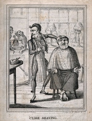 view A barber shaving a friar; in the left-hand background a monkey and a cat are fighting and squealing. Lithograph by J. Baker.