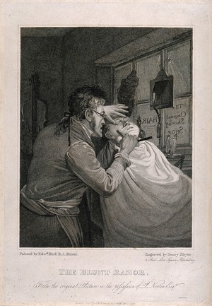 view A barber shaving a man with a blunt razor. Engraving by H. Meyer, 1829, after E. Bird.