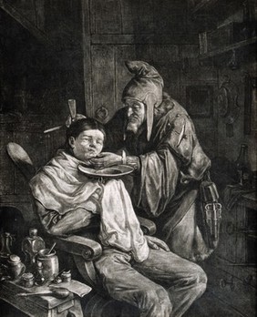 A wizened old barber who wears a pointed hat is shaving a young man. Mezzotint by C. Dusart.