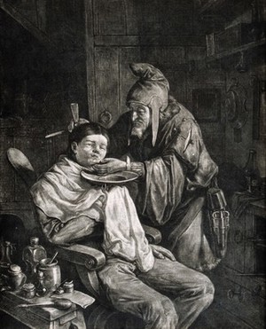 view A wizened old barber who wears a pointed hat is shaving a young man. Mezzotint by C. Dusart.