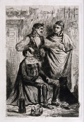 A travelling barber in Spain (?). Etching by C. Allard-Cambray.