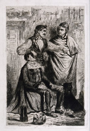 view A travelling barber in Spain (?). Etching by C. Allard-Cambray.