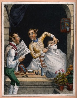 view A barber shaving a man while another man distracts him by reading from a newspaper entitled "The true sun". Coloured lithograph.