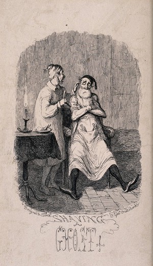 view A man who has rented a haunted castle is asked to shave the ghost of a deceased barber. Etching by G. Cruikshank, 1861.