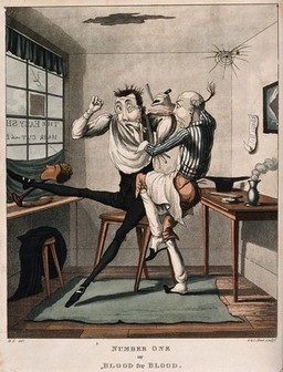 A barber cutting a customer while shaving him; the customer retaliates by biting the barber's finger. Coloured aquatint by G. & C. Hunt after M. Egerton.