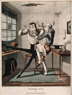 view A barber cutting a customer while shaving him; the customer retaliates by biting the barber's finger. Coloured aquatint by G. & C. Hunt after M. Egerton.