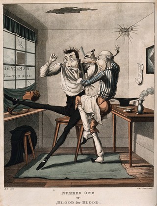 A barber cutting a customer while shaving him; the customer retaliates by biting the barber's finger. Coloured aquatint by G. & C. Hunt after M. Egerton.