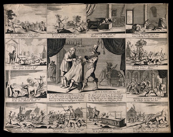 A Christian man being shaved while a Turk sharpens his scimitar on a whetstone behind, surrounded by representations of virtues and proverbs; representing the exposure of Europe to a Turkish invader. Engraving.